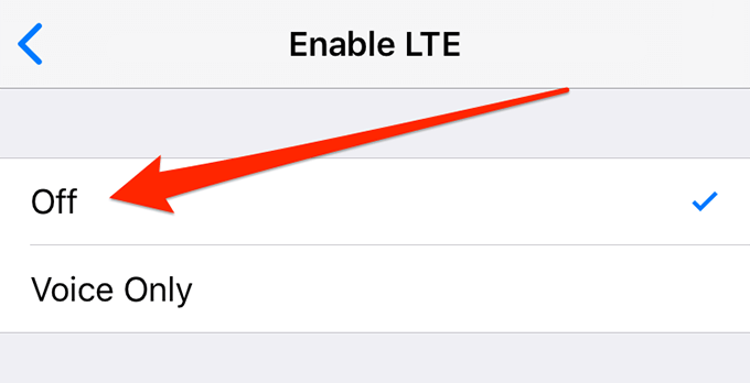 Off option in Enable LTE menu
