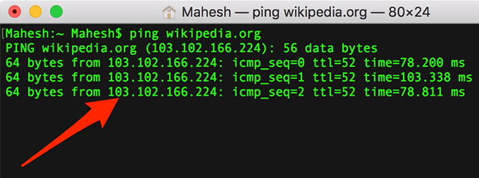 IP address displayed in terminal screen 