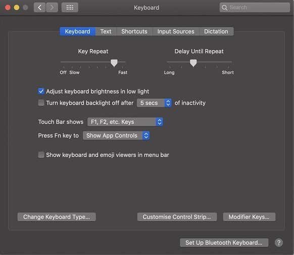 Touch Bar Shows menu in Keyboard settings 