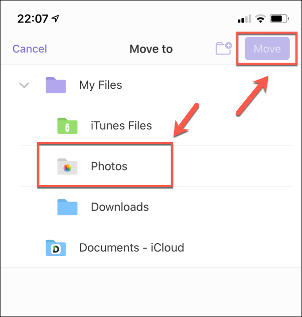 Photos folder and Move button in Move to menu 