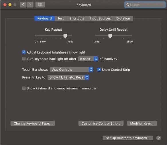 Keyboard menu in Keyboard settings 