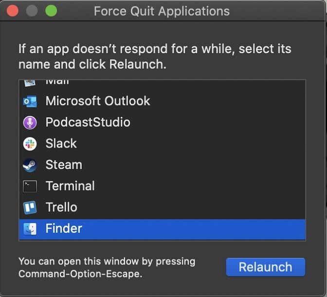 Finder selected in Force Quit Applications window 