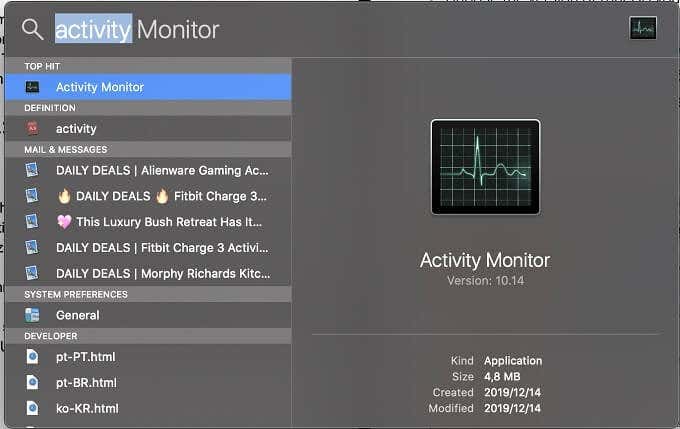Activity Monitor in Search Bar window 