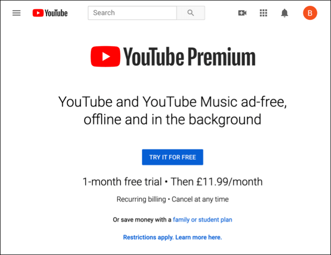 YouTube Premium popup