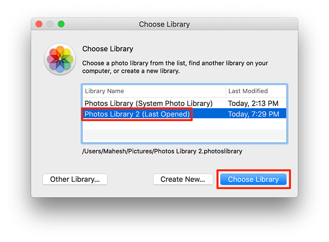 Choose Library button with Photos Library 2 selected in Choose Library window 