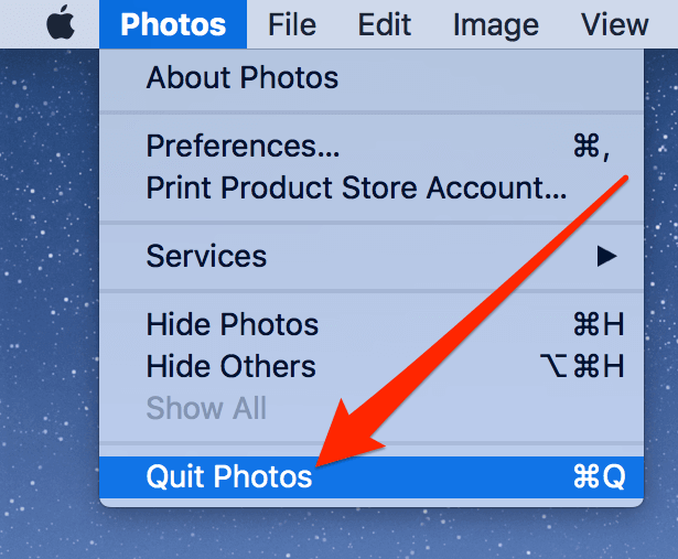 Quit Photos menu option 