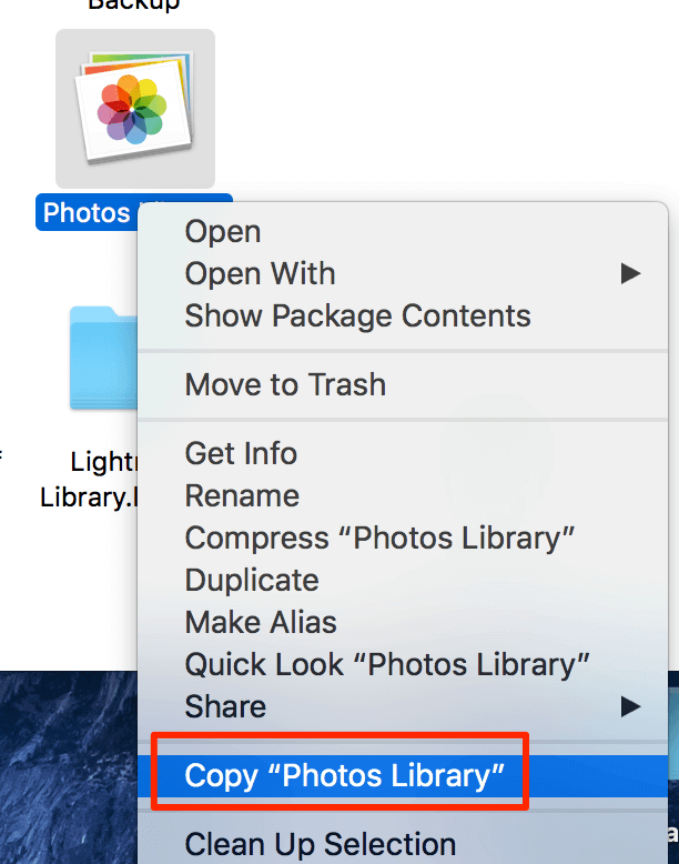 Right-click menu with Copy Photos Library selected 