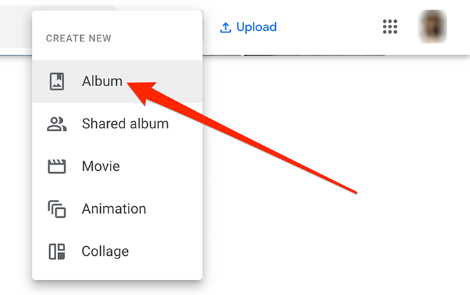 Create New Album menu in Google Photos