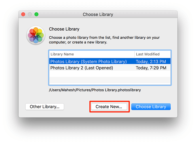 Create New in Choose Library window 