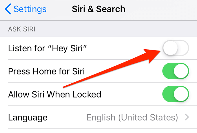 Listen for "Hey Siri" toggled off 