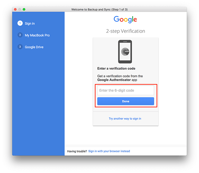 Two-factor authentication screen 