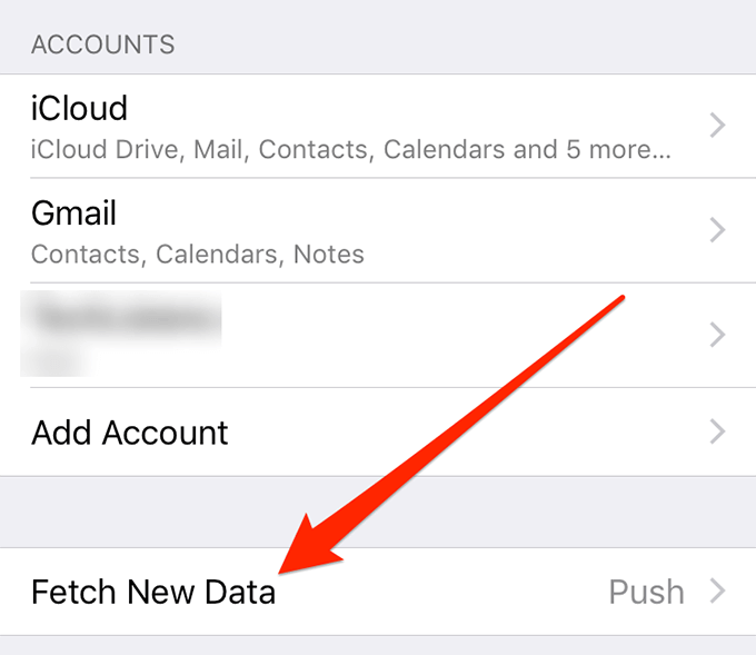 Fetch New Data menu in Accounts screen 