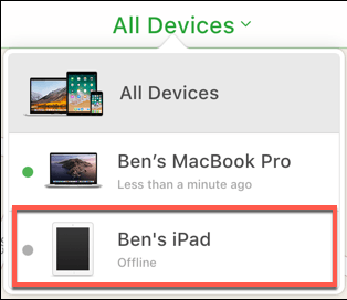 Ben's iPad in All Devices menu
