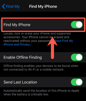 Find My iPhone toggle