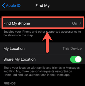 Find My iPhone in iCloud menu