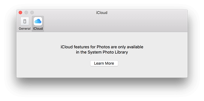 iCloud features for Photos are only available in the System Photo Library 