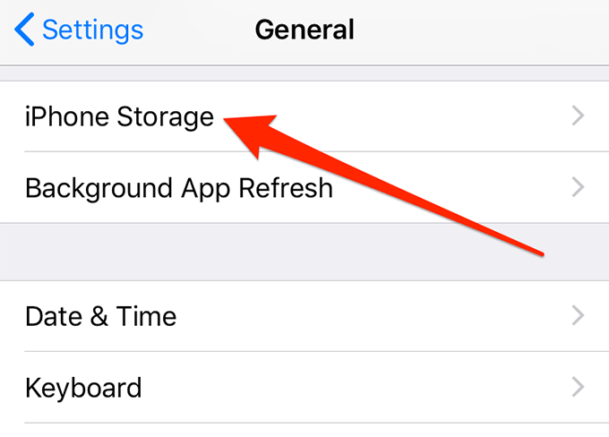 iPhone Storage menu in General window 