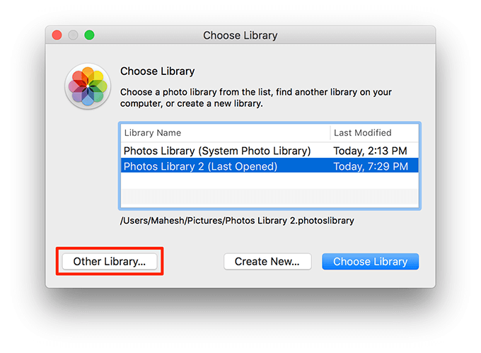 Other Library highlighted in Choose Library 
