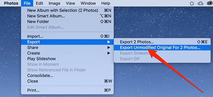 File > Export > Export Unmodified Original for 2 Photos 