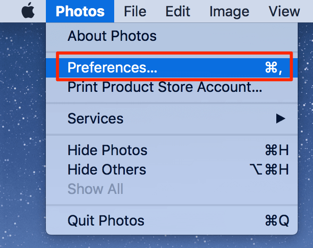 Preferences in Photos menu 