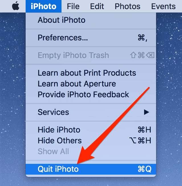 Quit iPhoto in menu option 