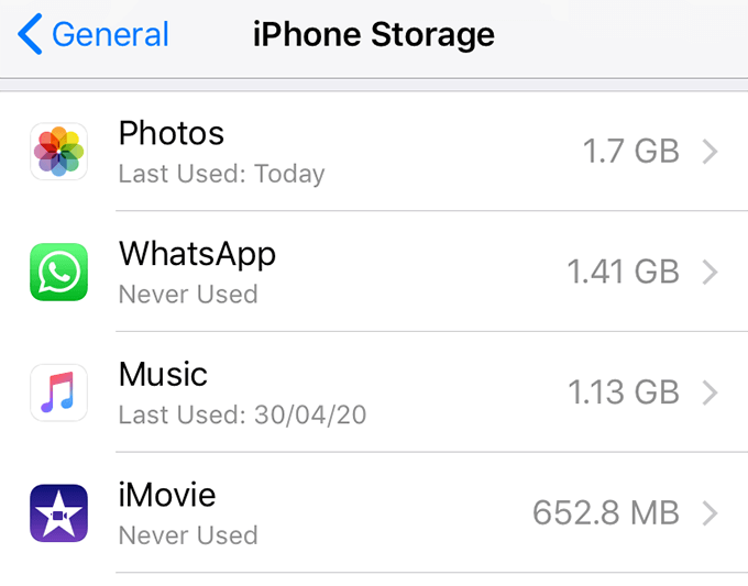 iPhone Storage window 