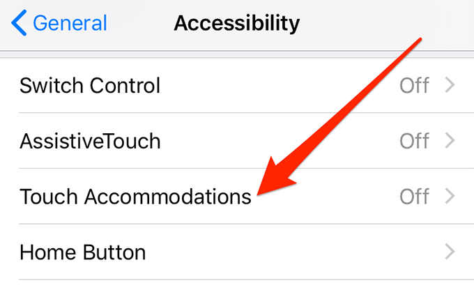 Accessibility screen with Touch Accommodations turned off