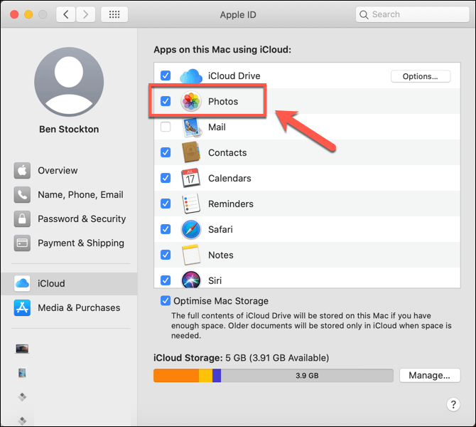 Photos in Apple ID window
