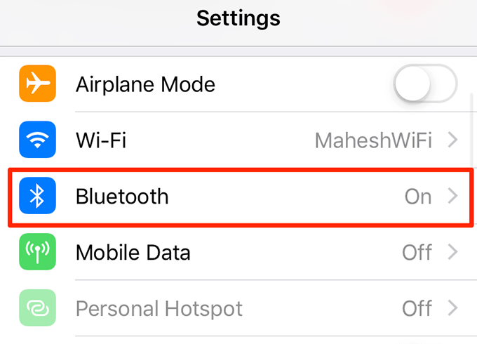 Bluetooth menu in Settings 