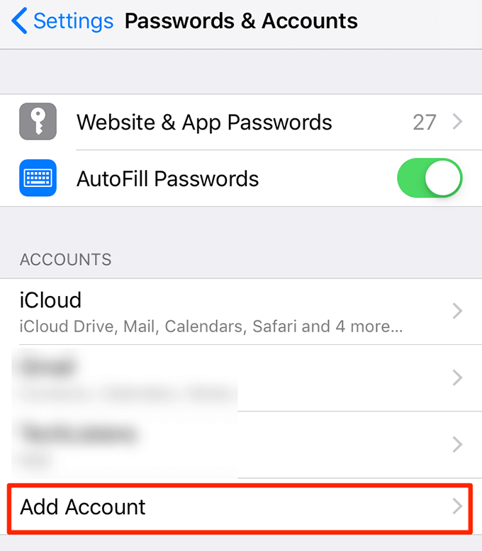 Add Account option in Passwords & Accounts