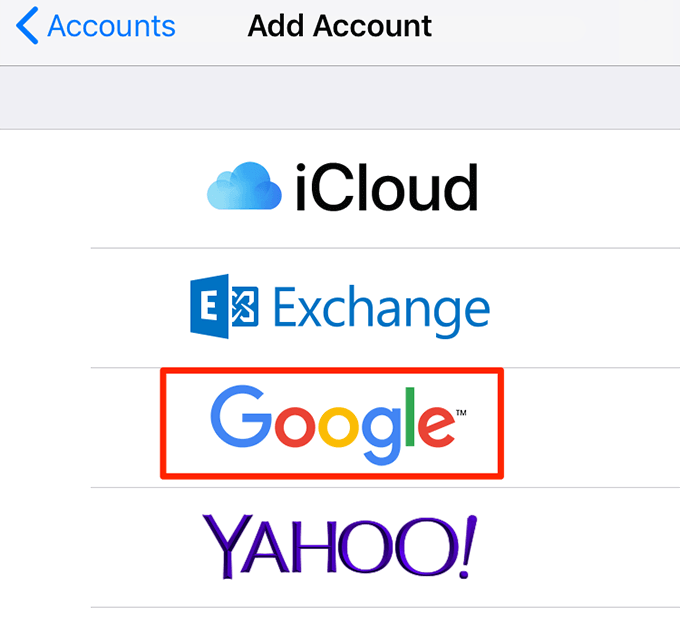 Google selected in Add Account 