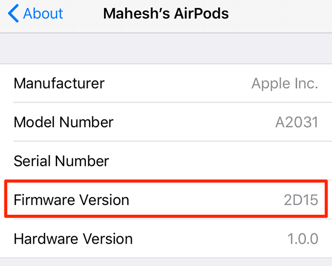 Firmware version in AirPods 