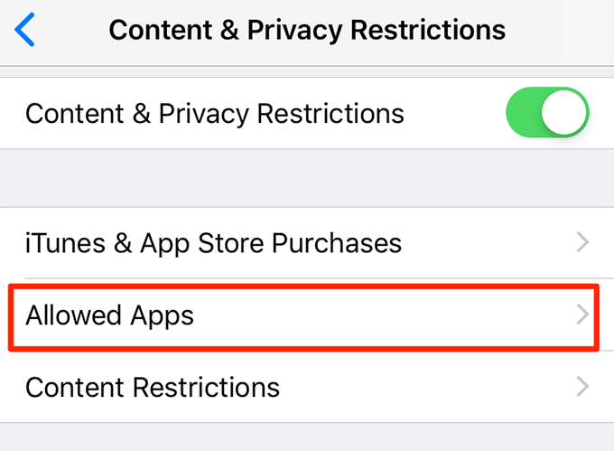 Allowed Apps option in Content & Privacy Restrictions 
