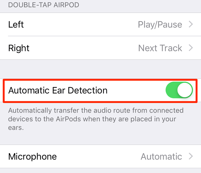 Automatic Ear Detection toggled on 
