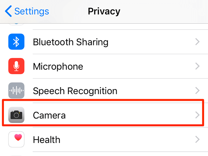 Camera menu in Privacy 