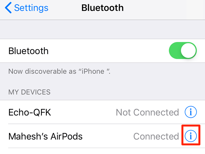 i icon next to AirPods in Bluetooth menu 