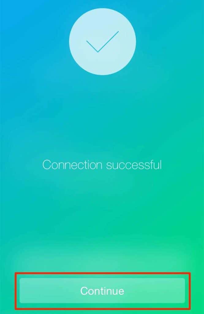 Continue button on Connection successful window 