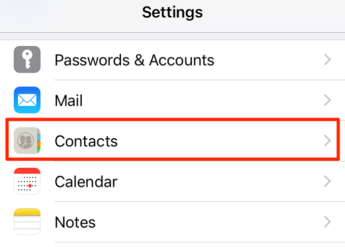 Contacts option in Settings menu 