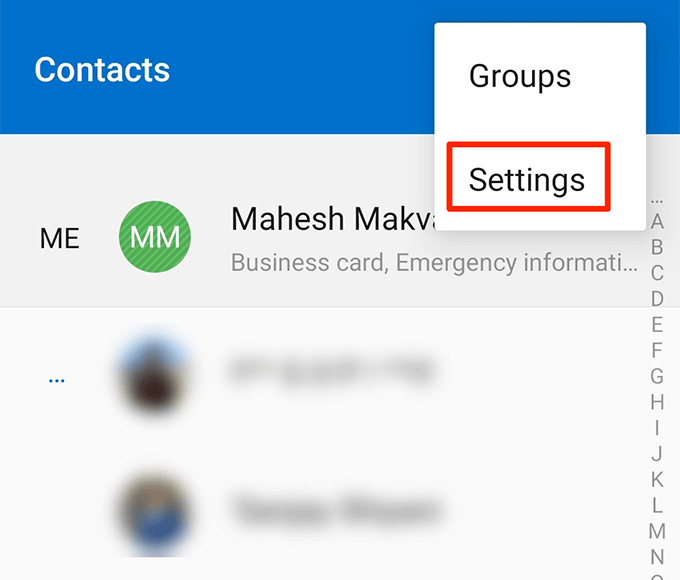 Settings button in Contacts menu 