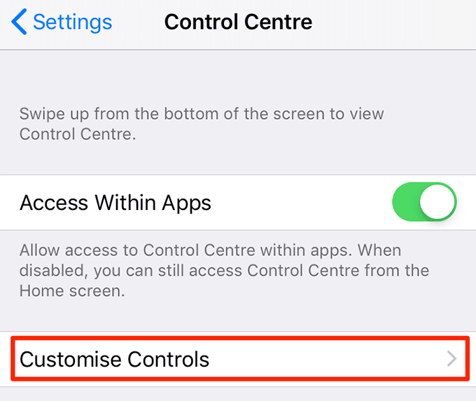 Customize Controls option in Control Center 