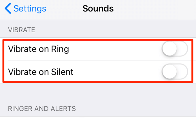 Vibrate on Ring and Vibrate on Silent toggled to off 