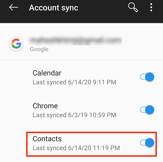 Contacts sync toggled to on 