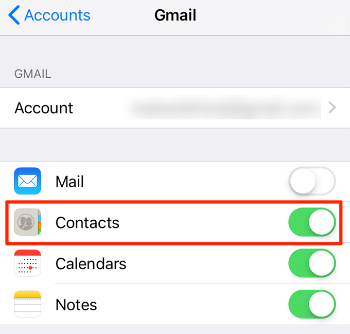 Contacts in Gmail toggled to on 
