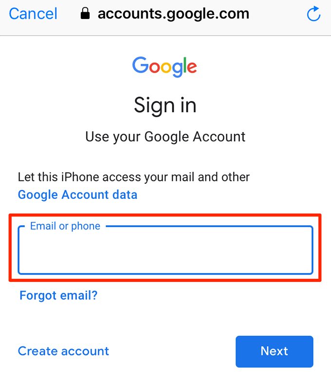 Email or phone field in Sign in window 