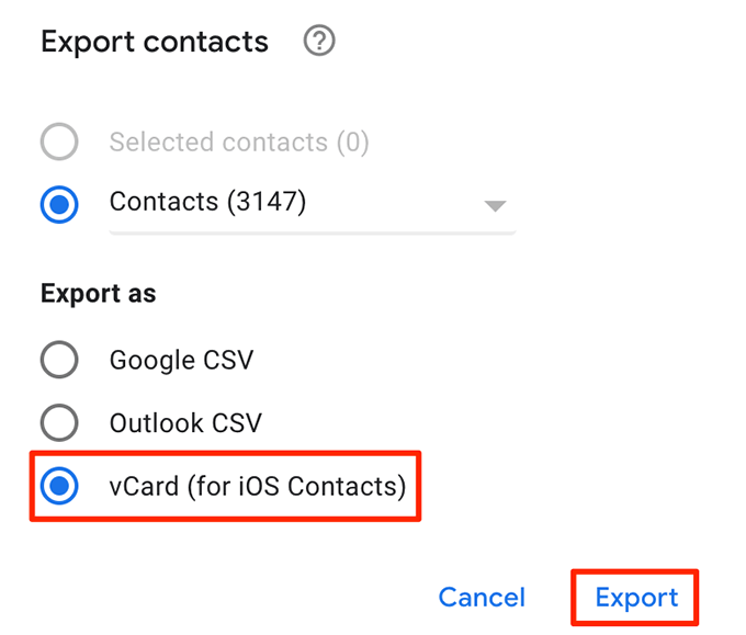Export vCard option in Export contacts window 