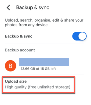 Upload size in Backup & sync menu 