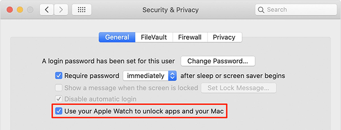 Use your Apple Watch to unlock apps and your Mac option in Security & Privacy 