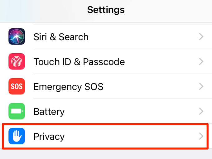 Privacy menu under Settings 