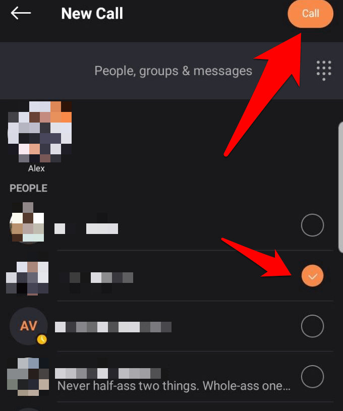 Person selected and Call button indicated 