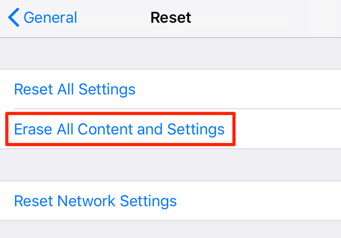 Erase All Content and Settings button